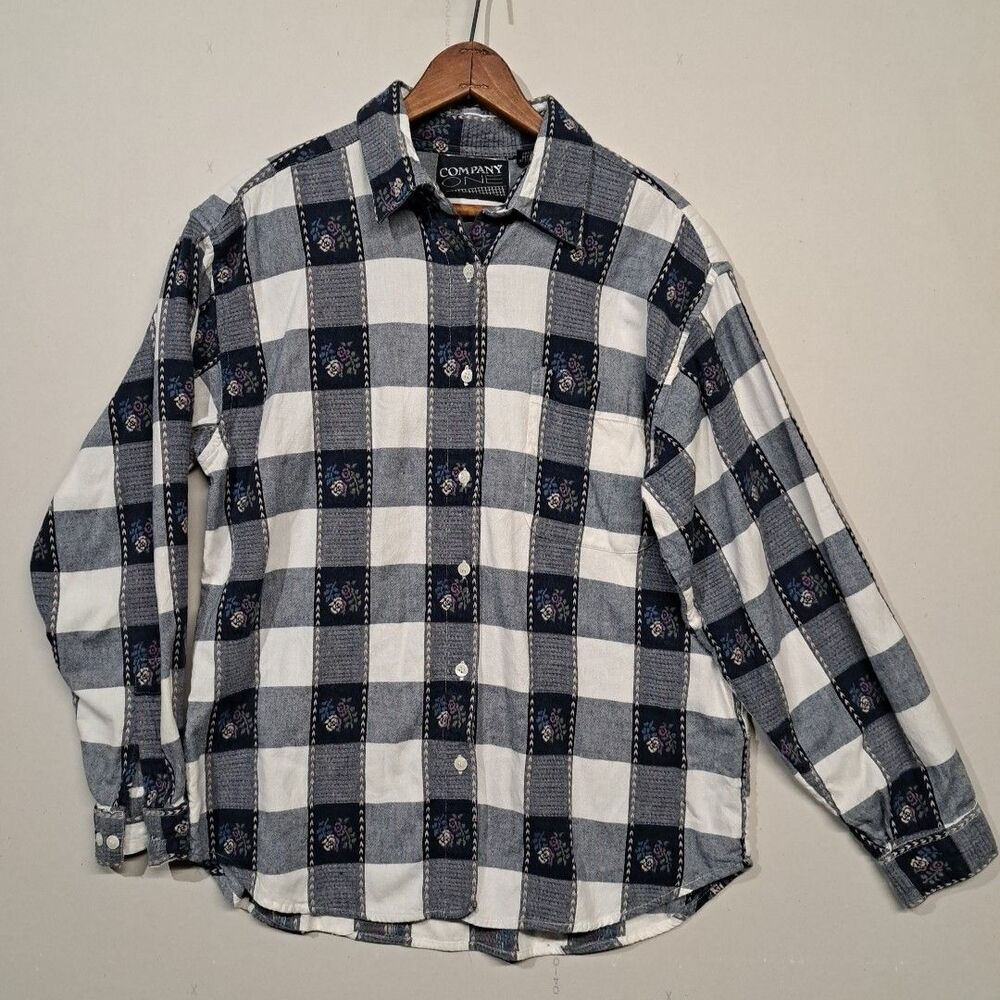 Vintage Company One Floral Plaid Button Down Shirt Navy Blue White Women's Large